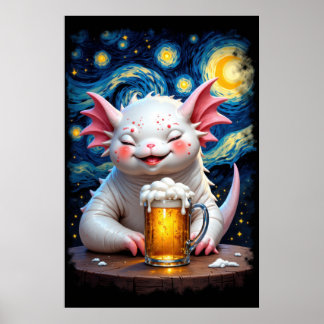 Poster Cute smiling monster with a mug of beer and starry