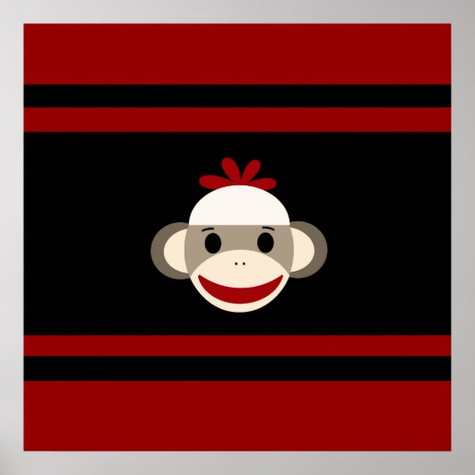 Poster Cute Smiling Sock Monkey Face on Red Black (Devant)