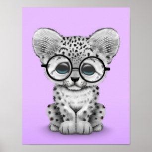 Poster Cute Snow Leopard Cub Wearing Glasses on Purple