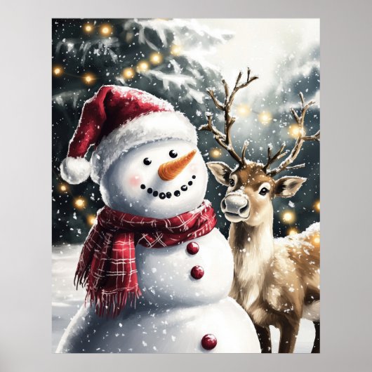 Poster Cute Snowman and Reindeer Christmas Wall Art (Devant)