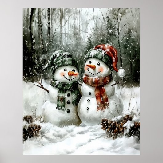 Poster Cute Snowman Couple Christmas Wall Art (Devant)