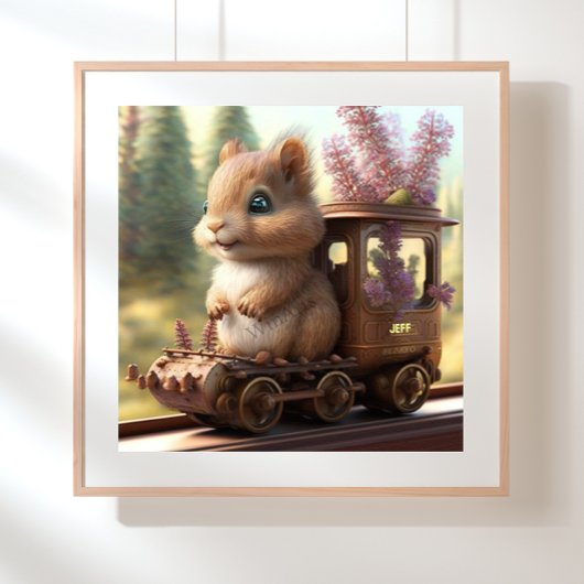 Poster Cute Squirrel sur un train Pépinière d'art personn