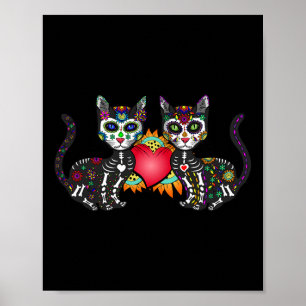 Poster Cute Sugar Crâne Chat Duo Coeur Mexicain Dia De Lo