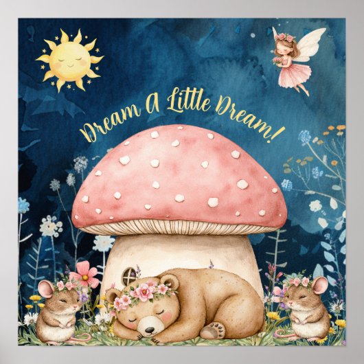 Poster Cute Sweet Dreams Floral Bear & Mice (Devant)