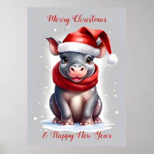 Poster Cute Sweet Hippopotamus Santa Hat Nouvel An