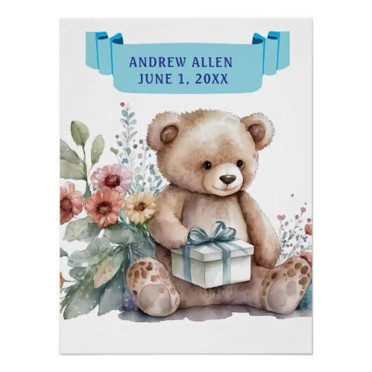 Poster CUTE TEDDY AVEC CADEAU PACKAGE AVEC NOM Anniversai (Devant)