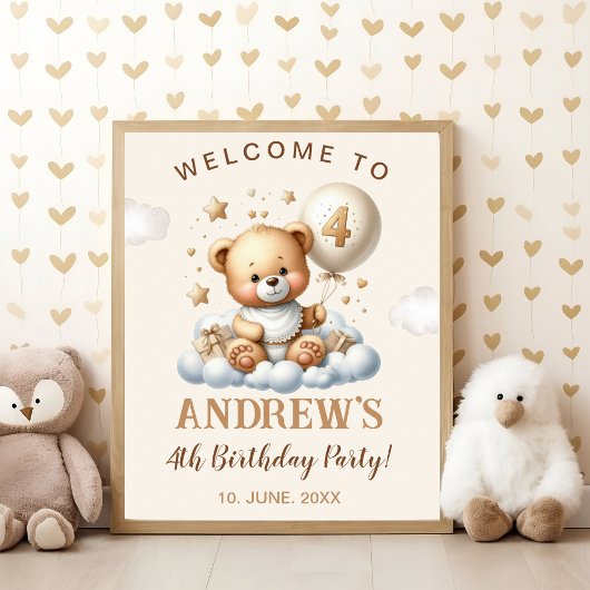 Poster Cute Teddy Bear 4th Birthday Wall Decoration
