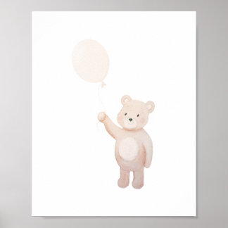 Poster Cute Teddy Bear with Balloon Watercolor Nursery