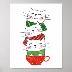 Poster Cute Three Cats Stacked Cup Holiday Scarves Funny
