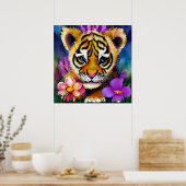 Poster Cute Tiger Cub Entouré de Fleurs (Cuisine)