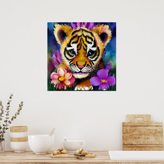 Poster Cute Tiger Cub Entouré de Fleurs (Cuisine)
