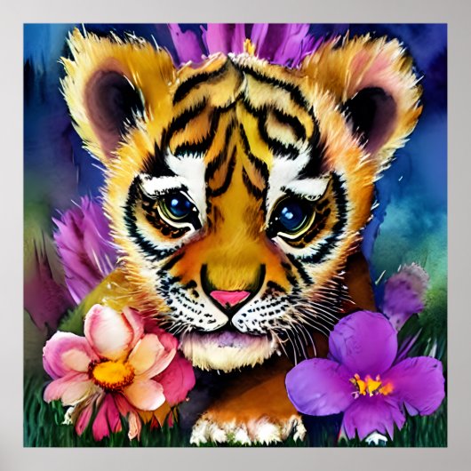 Poster Cute Tiger Cub Entouré de Fleurs (Devant)