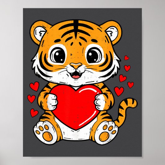 Poster Cute Tiger Holding Heart Kawaii Valentines Day Men (Devant)