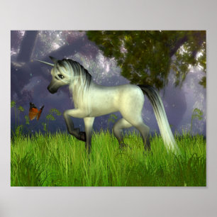 Poster Cute Toon Unicorn avec Arrière - plan Woodland
