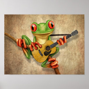 Poster Cute Tree Frog Jouer une guitare acoustique Rough