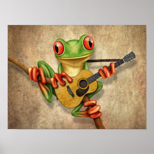 Poster Cute Tree Frog Jouer une guitare acoustique Rough (Devant)