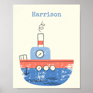 Poster Cute Tug Boat Red Blue Illustration Name Custom