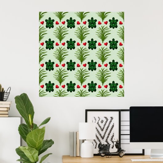 Poster Cute Turtle Pattern Aesthetic | Tropical Leaves Bu (Bureau à domicile)