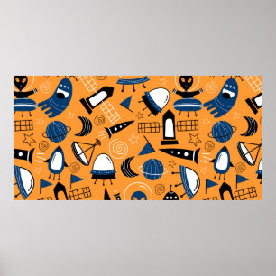 Poster Cute ufo vaisseaux aliens, planètes, galaxies cous