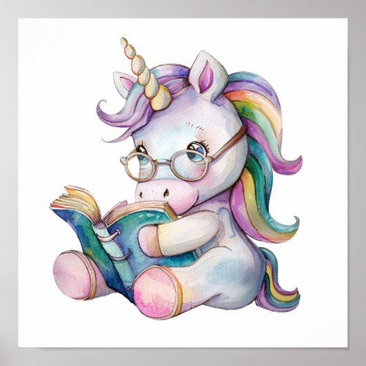 Poster Cute Unicorn dans les lunettes de vue Lecture d'un (Devant)