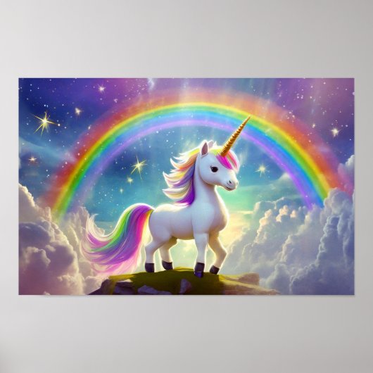 Poster Cute Unicorn devant un arc-en-ciel (Devant)