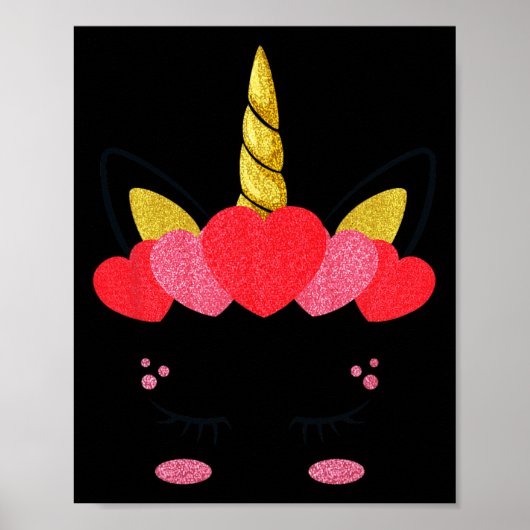 Poster Cute Unicorn Visage Coeurs Valentines Journée Fill (Devant)