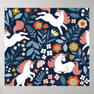 Poster Cute Unicornes Floral Vintage Motif