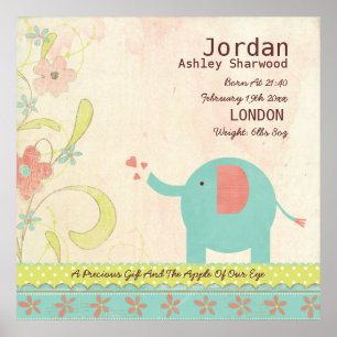 Poster Cute Unisex Baby Date de naissance Elephant Nurser