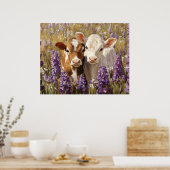 Poster Cute Vaches Laitières Calves Lupines Fleurs (Cuisine)