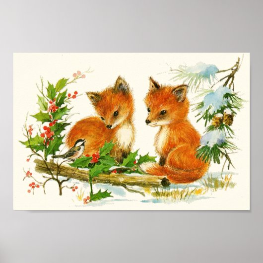 Poster Cute Vintage Foxes Retro Christmas Scene (Devant)