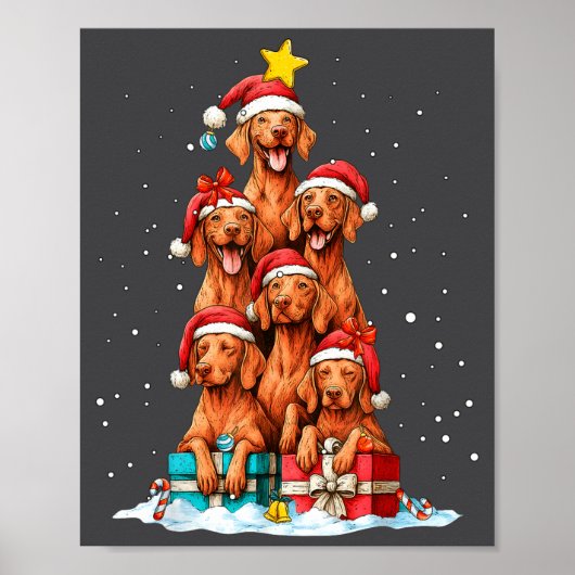 Poster Cute Vizsla Viszla Dog Christmas Tree Xmas Hat  (Devant)