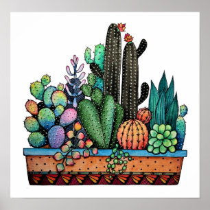 Poster Cute Watercolor Cactus Garden