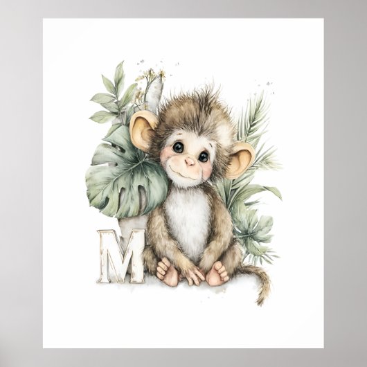 Poster Cute watercolour baby animal alphabet Monkey (Devant)