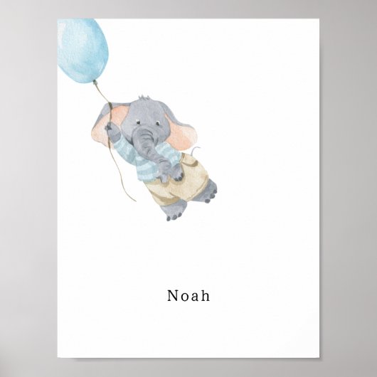 Poster Cute Watercolour Elephant With Balloon Name (Devant)