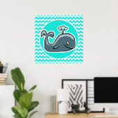 Poster Cute Whale on Turquoise, Aqua Color Chevron (Bureau à domicile)