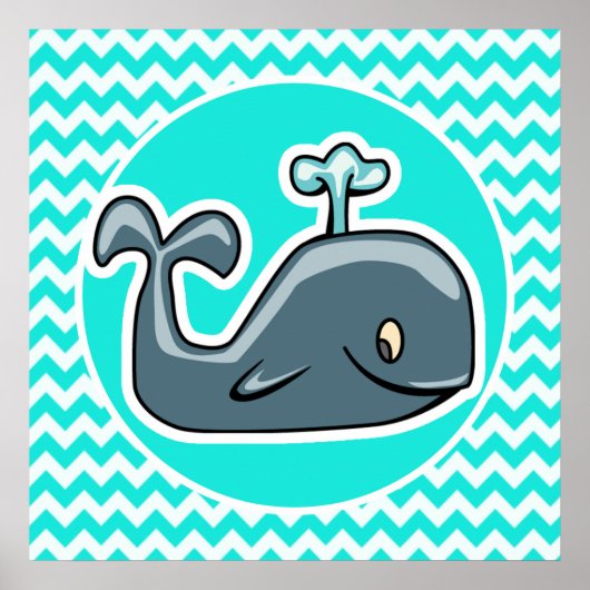 Poster Cute Whale on Turquoise, Aqua Color Chevron (Devant)