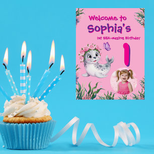 Poster Cute Whimsical Floral Sealion Anniversaire Bienven