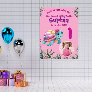 Poster Cute Whimsical Floral Turtle Anniversaire Bienvenu