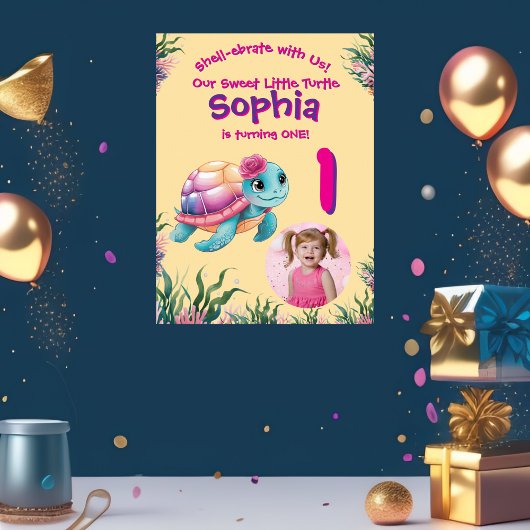 Poster Cute Whimsical Floral Turtle Anniversaire Bienvenu