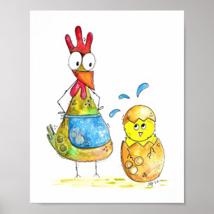 Poster Cute Whimsical Mama poulet avec bébé