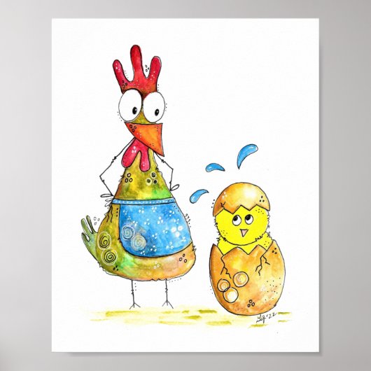Poster Cute Whimsical Mama poulet avec bébé (Devant)