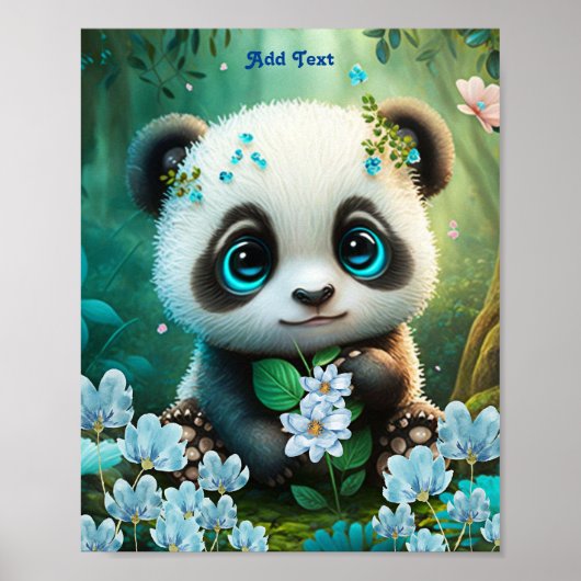 Poster Cute Whimsical Panda Blue Flower Garden Nursery (Devant)