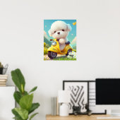 Poster Cute White Chien Chien Chien chevauchant un scoote (Bureau à domicile)