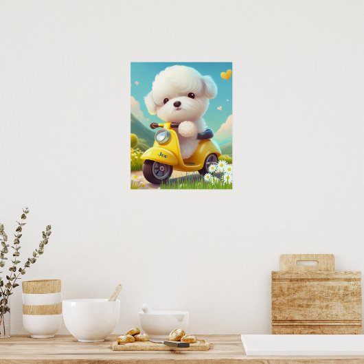 Poster Cute White Chien Chien Chien chevauchant un scoote (Cuisine)