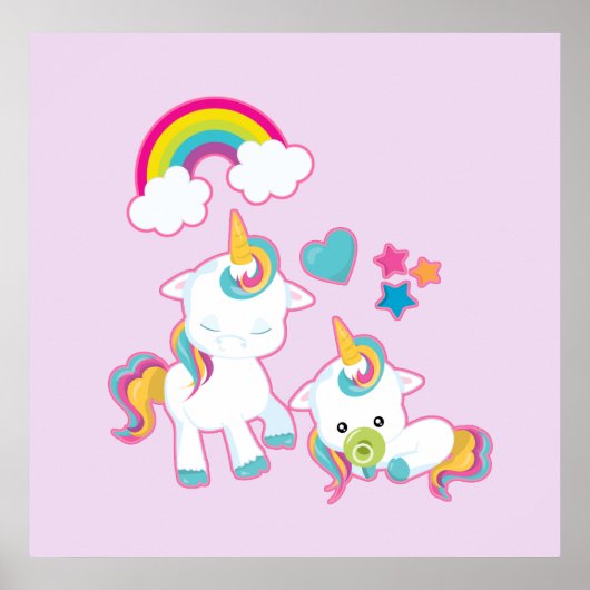 Poster Cute White Unicorns Magical Mama & Baby (Devant)