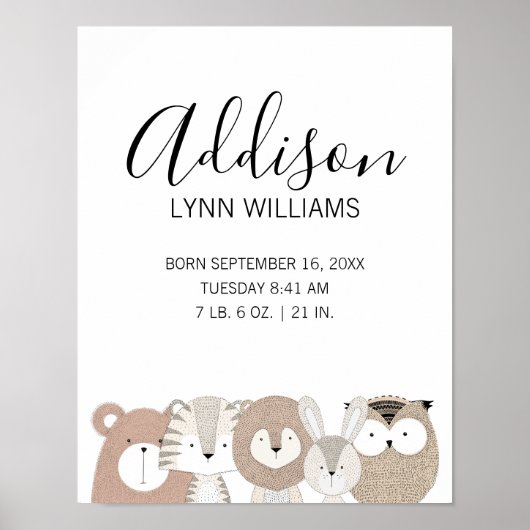 Poster Cute Wild Animals Baby Birth Stats Nursery Imprime (Devant)