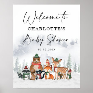 Poster Cute Winter Christmas Woodland Baby Shower Welcome