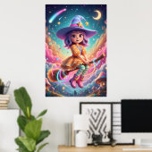 Poster Cute Witch Girl Flying on Broom | Kawaii Fantasy  (Bureau à domicile)