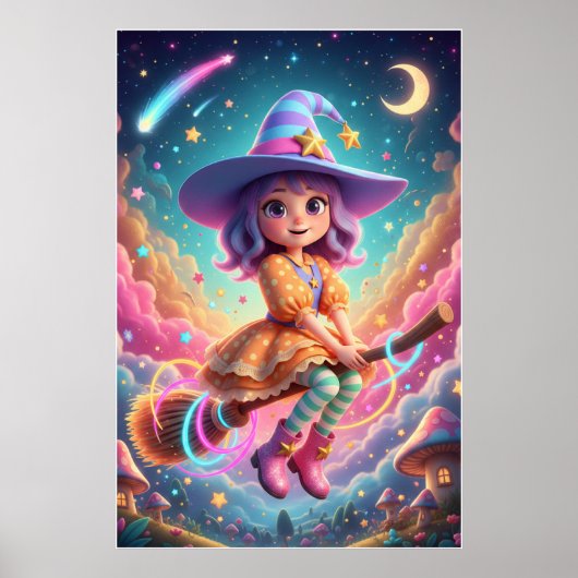 Poster Cute Witch Girl Flying on Broom | Kawaii Fantasy  (Devant)