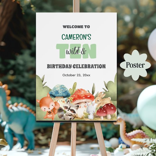 Poster Cute Woodland Animals 10th Birthday Party Welcome